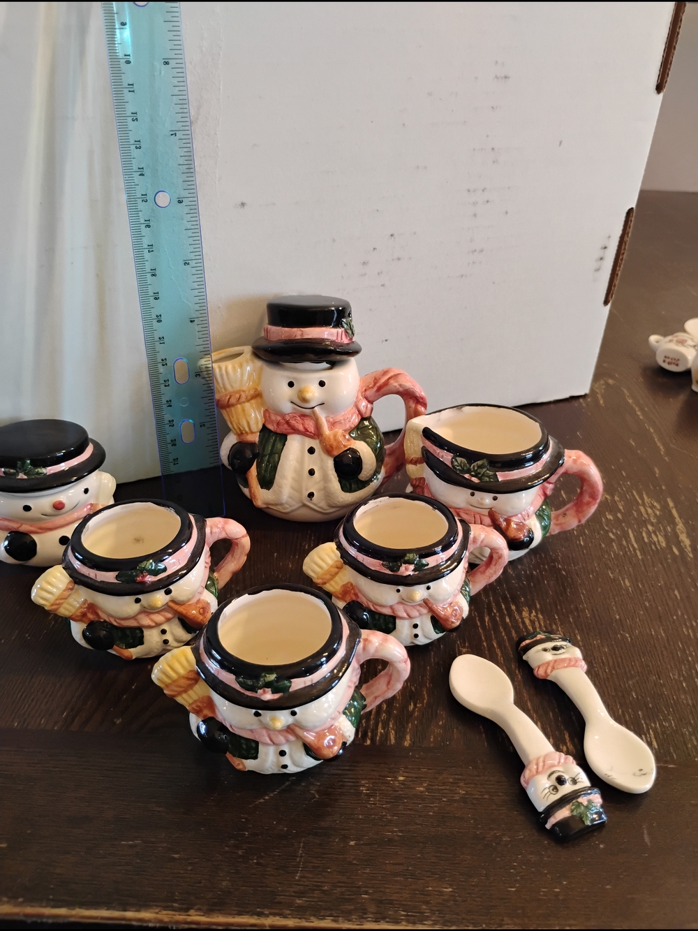 Ceramic Snowman Creamer and Mini Mugs Set - Pink Trim